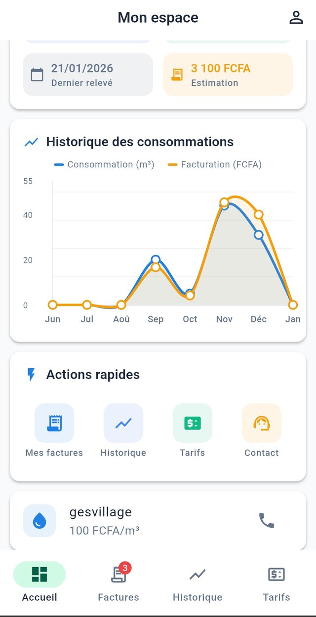 Espace consommateur de l'application mobile GesVillage : consommation, factures et tarifs