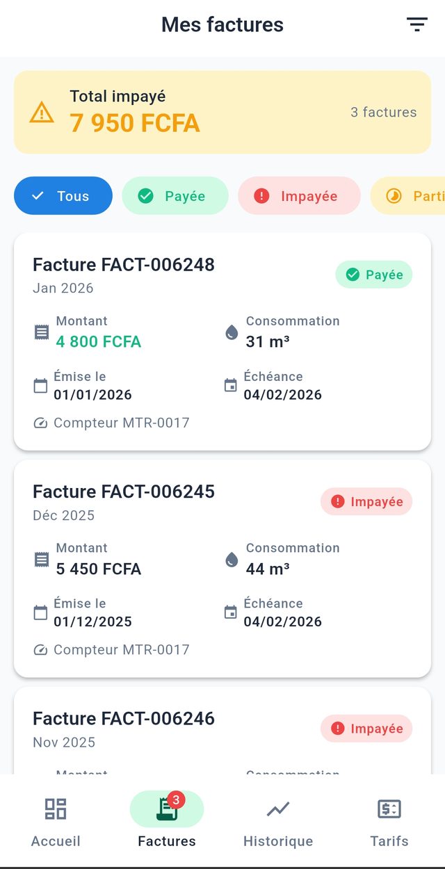 Suivi des factures payées et impayées dans l'application consommateur GesVillage